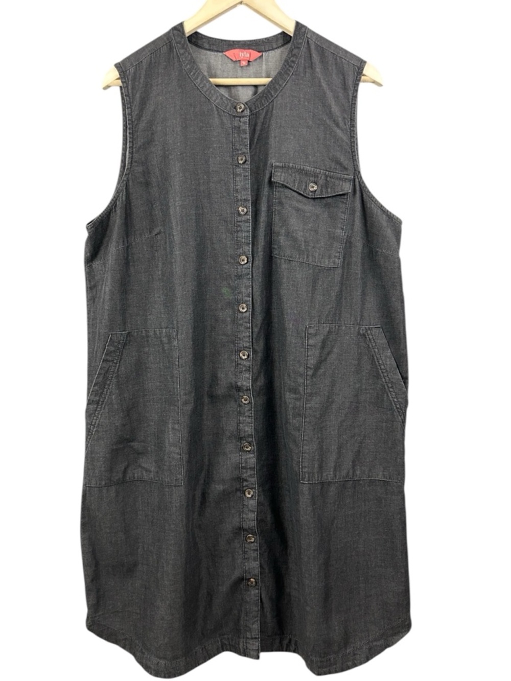 Iyla Button-Front Sleeveless Lightweight Denim Dress Charcoal Grey Size XL